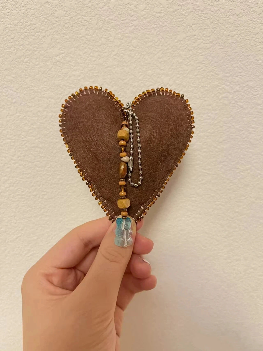 Christmas Decor Hand Sewn Coffee Tone Felt Heart Hanging Pendant