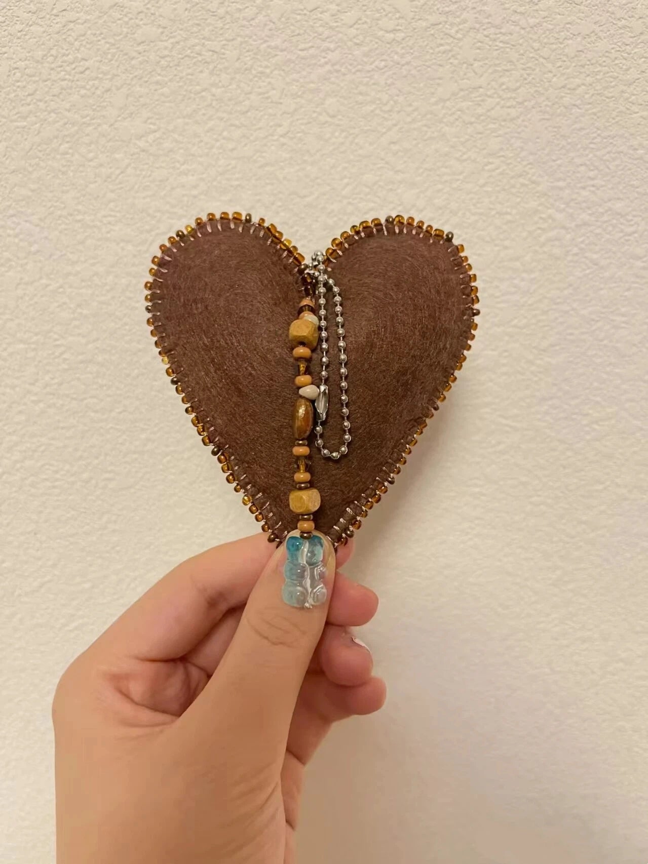 Christmas Decor Hand Sewn Coffee Tone Felt Heart Hanging Pendant