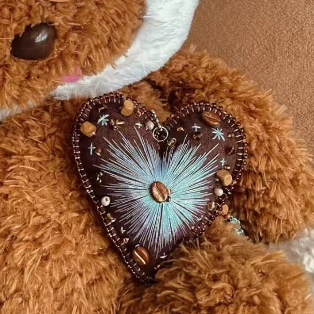 Christmas Decor Hand Sewn Coffee Tone Felt Heart Hanging Pendant