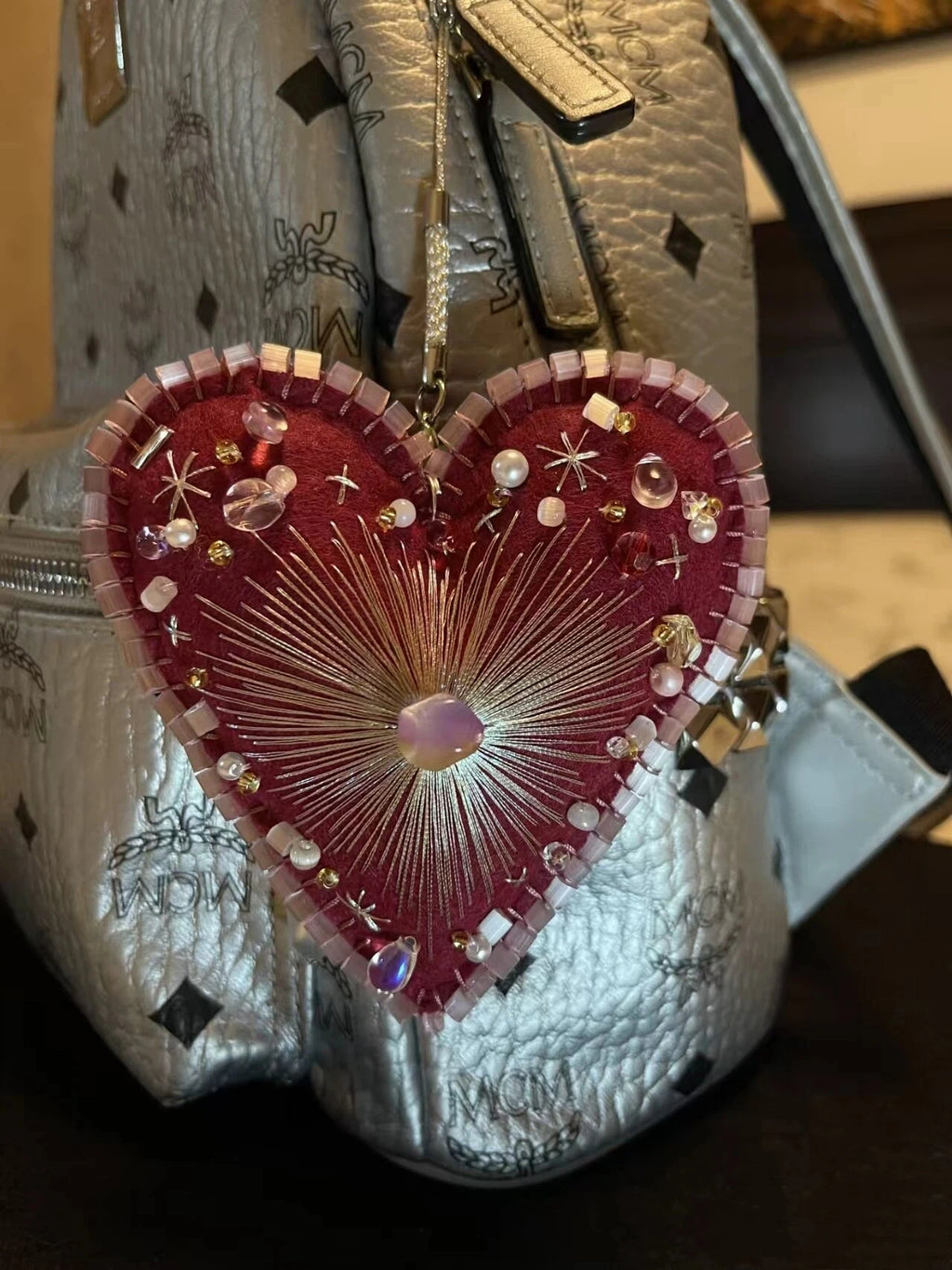 Christmas Ornament Hand Sewn Burgundy Felt Heart Bag Charm
