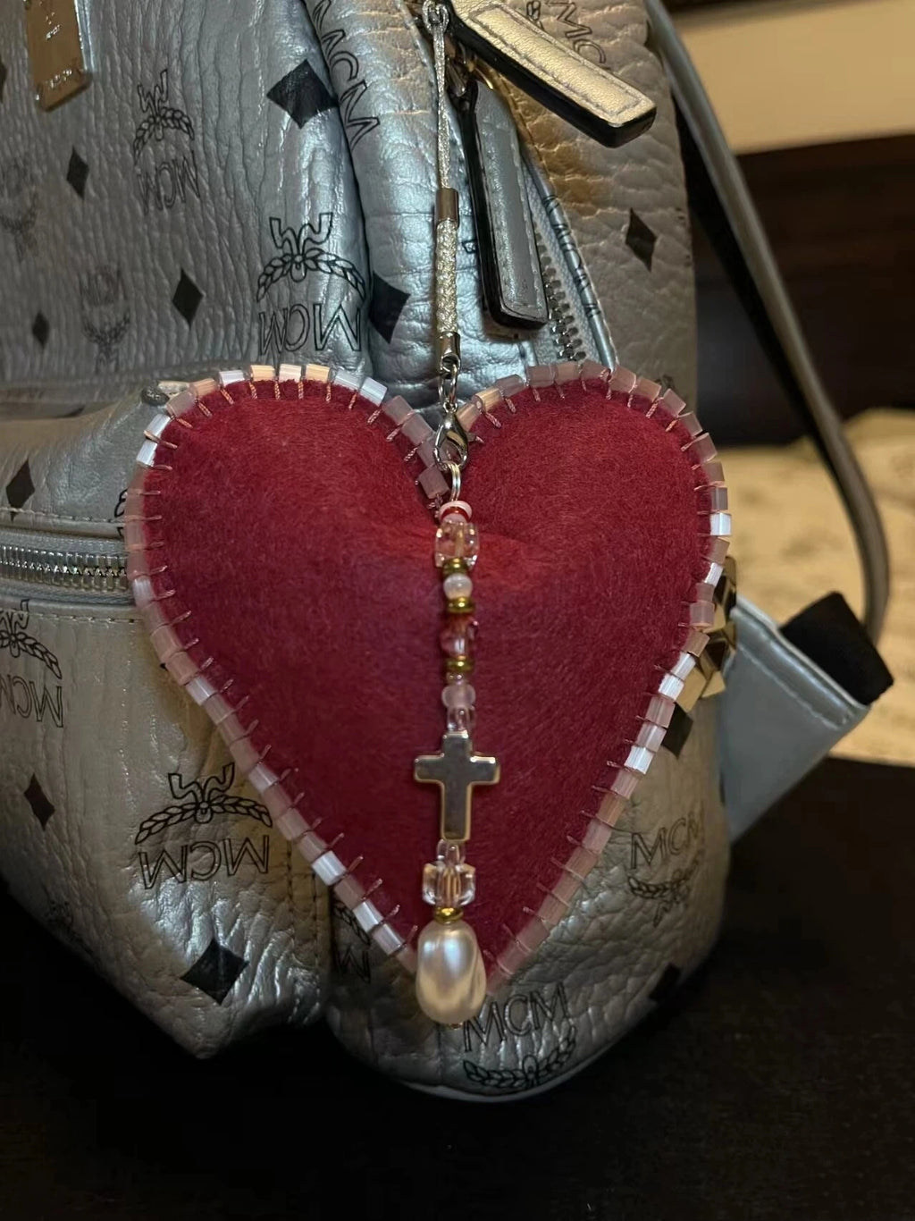 Christmas Ornament Hand Sewn Burgundy Felt Heart Bag Charm