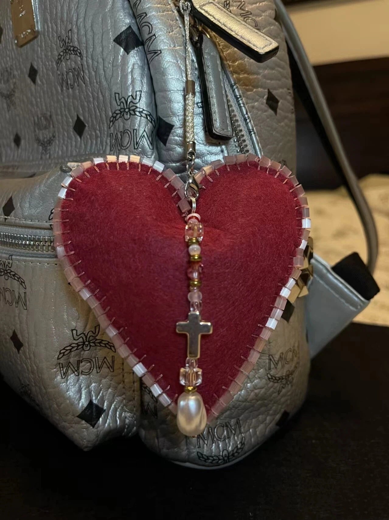 Christmas Ornament Hand Sewn Burgundy Felt Heart Bag Charm