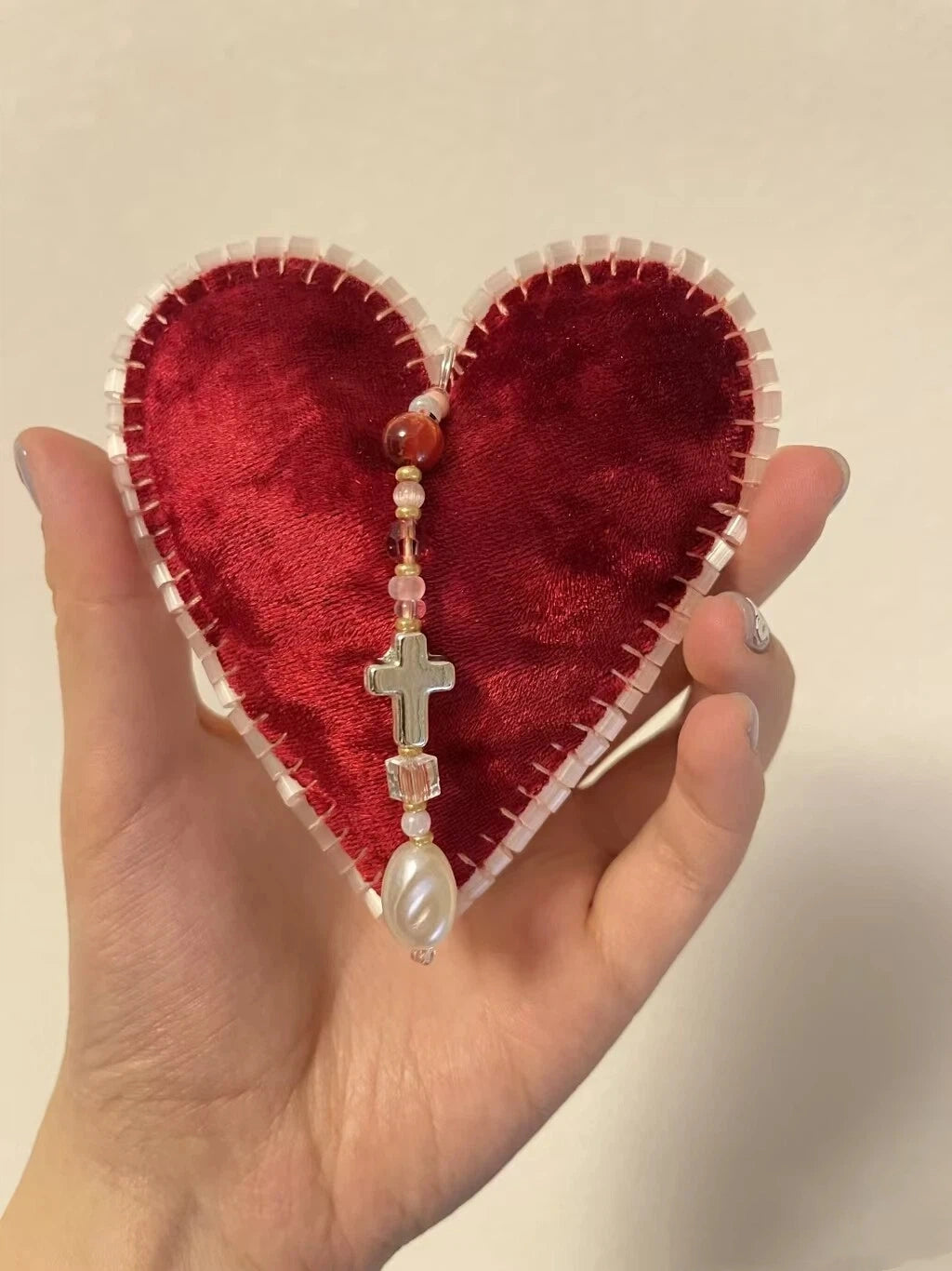 Christmas Ornament Hand Sewn Burgundy Felt Heart Bag Charm