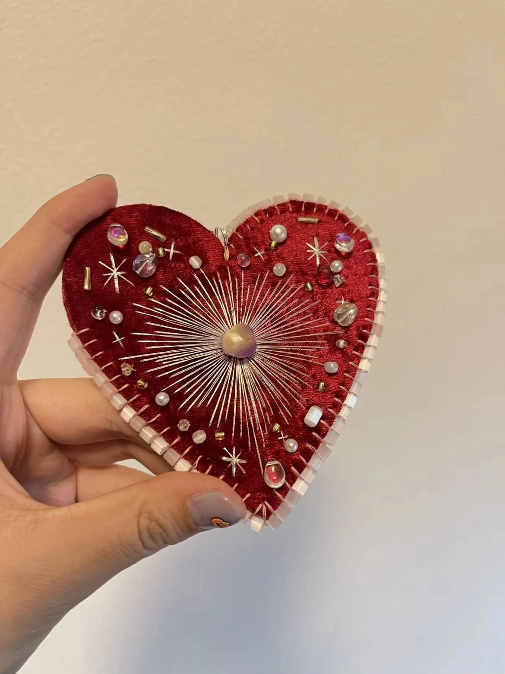 Christmas Ornament Hand Sewn Burgundy Felt Heart Bag Charm