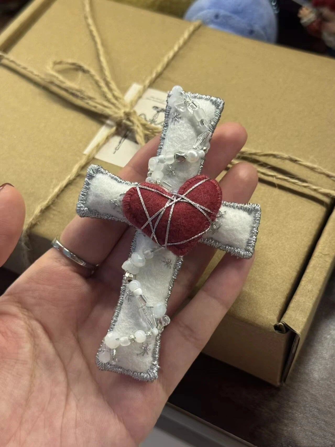 Cross Felt Bag Charm Supports Hand Name Embroidery on Reverse Side