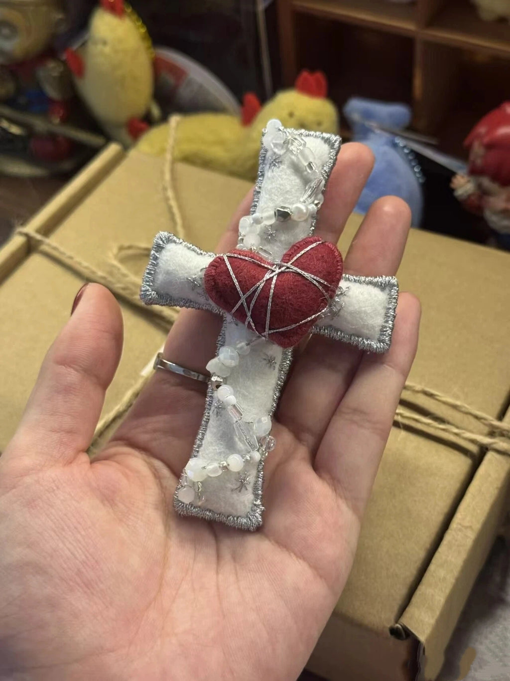 Cross Felt Bag Charm Supports Hand Name Embroidery on Reverse Side