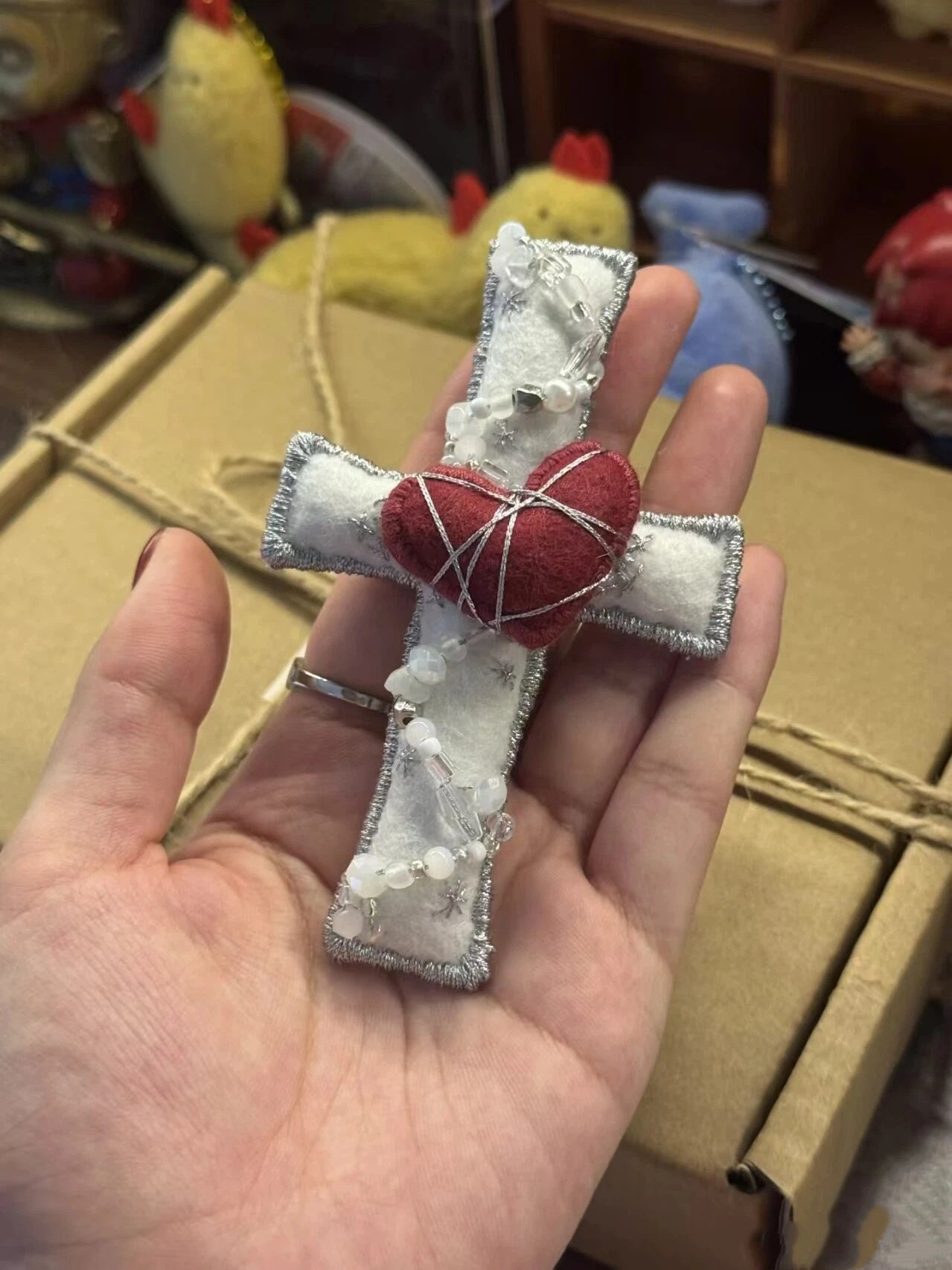Cross Felt Bag Charm Supports Hand Name Embroidery on Reverse Side