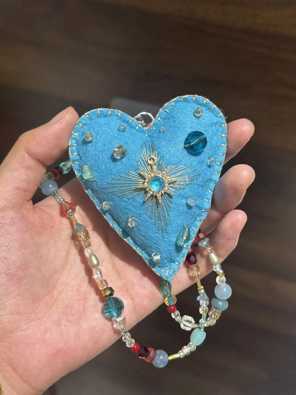 Christmas Tree Hanging Sun Embellished Blue Felt Heart Bag Charm