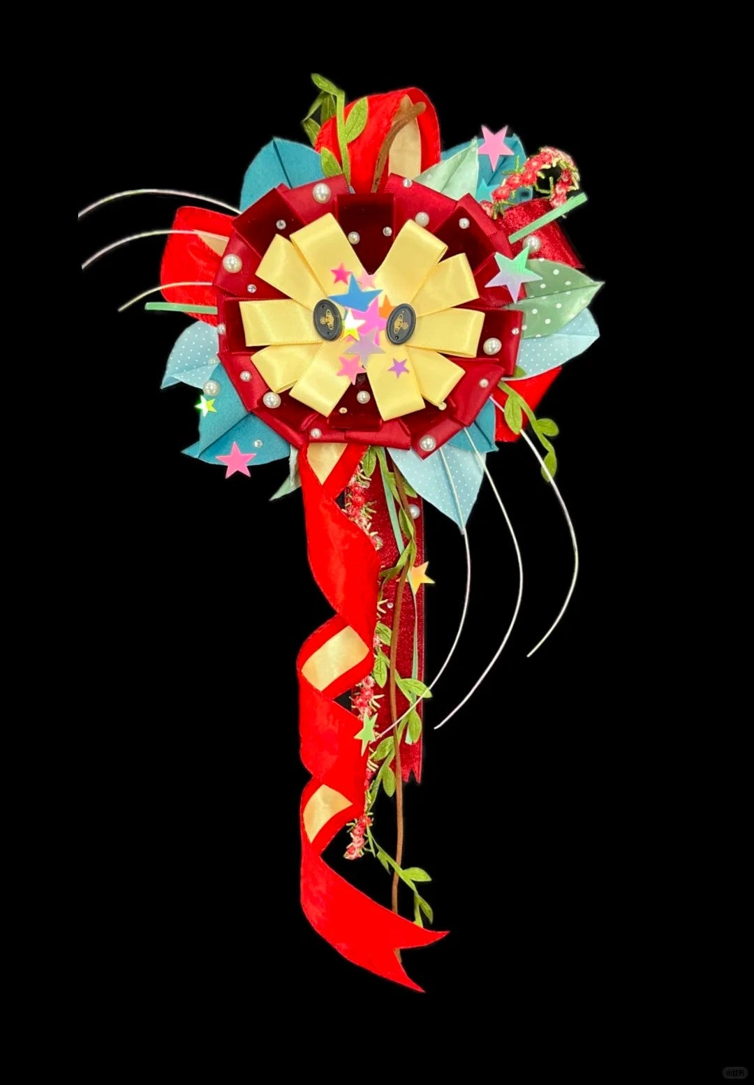 Christmas Themed Red Turquoise Floral Ribbon Lolita Corsage Pin