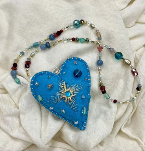 Christmas Tree Hanging Sun Embellished Blue Felt Heart Bag Charm