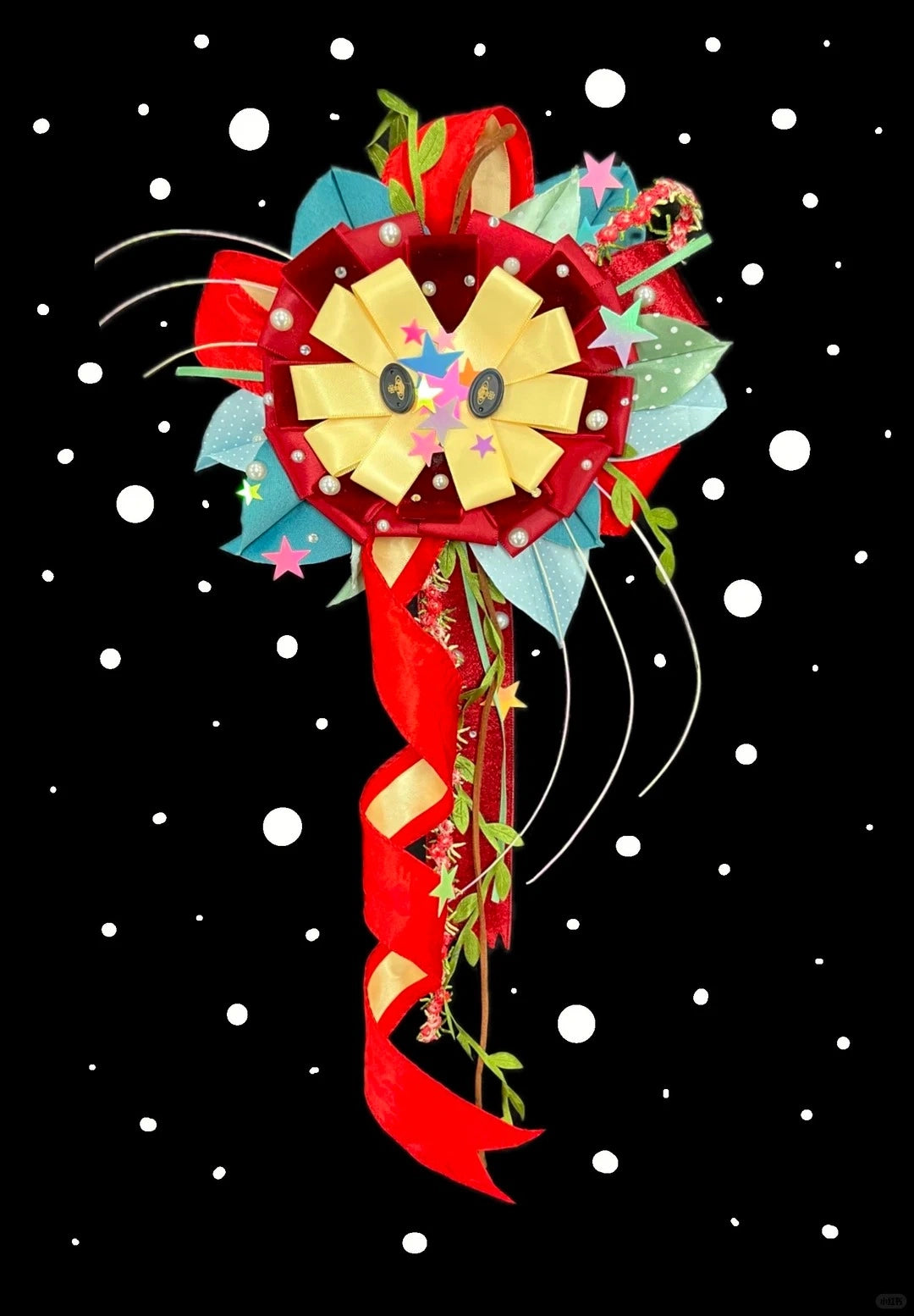 Christmas Themed Red Turquoise Floral Ribbon Lolita Corsage Pin