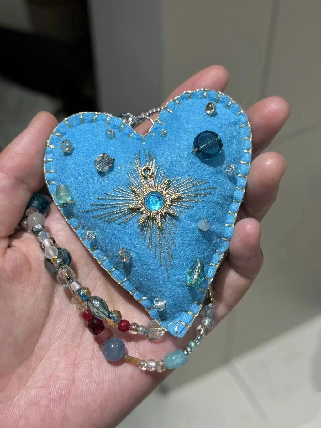 Christmas Tree Hanging Sun Embellished Blue Felt Heart Bag Charm