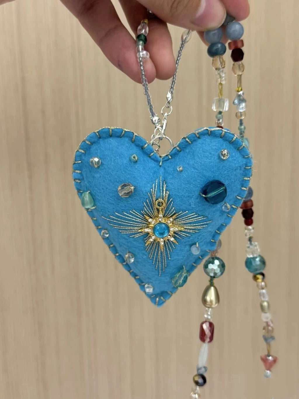 Christmas Tree Hanging Sun Embellished Blue Felt Heart Bag Charm