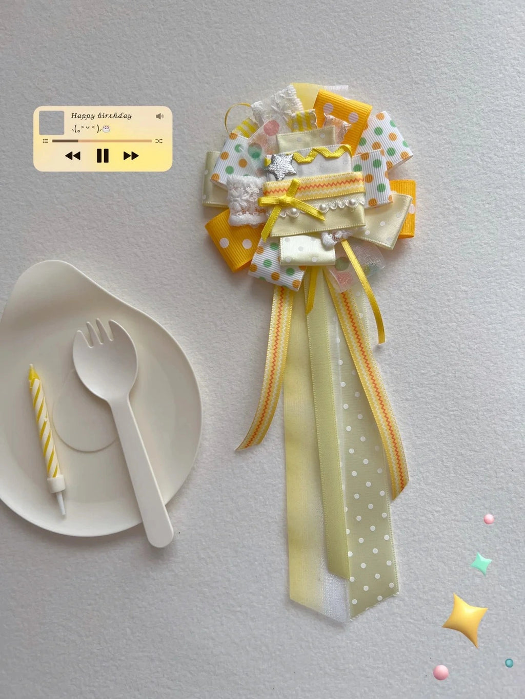 Yellow Birthday Cake Themed Handmade Ribbon Corsage Brooch