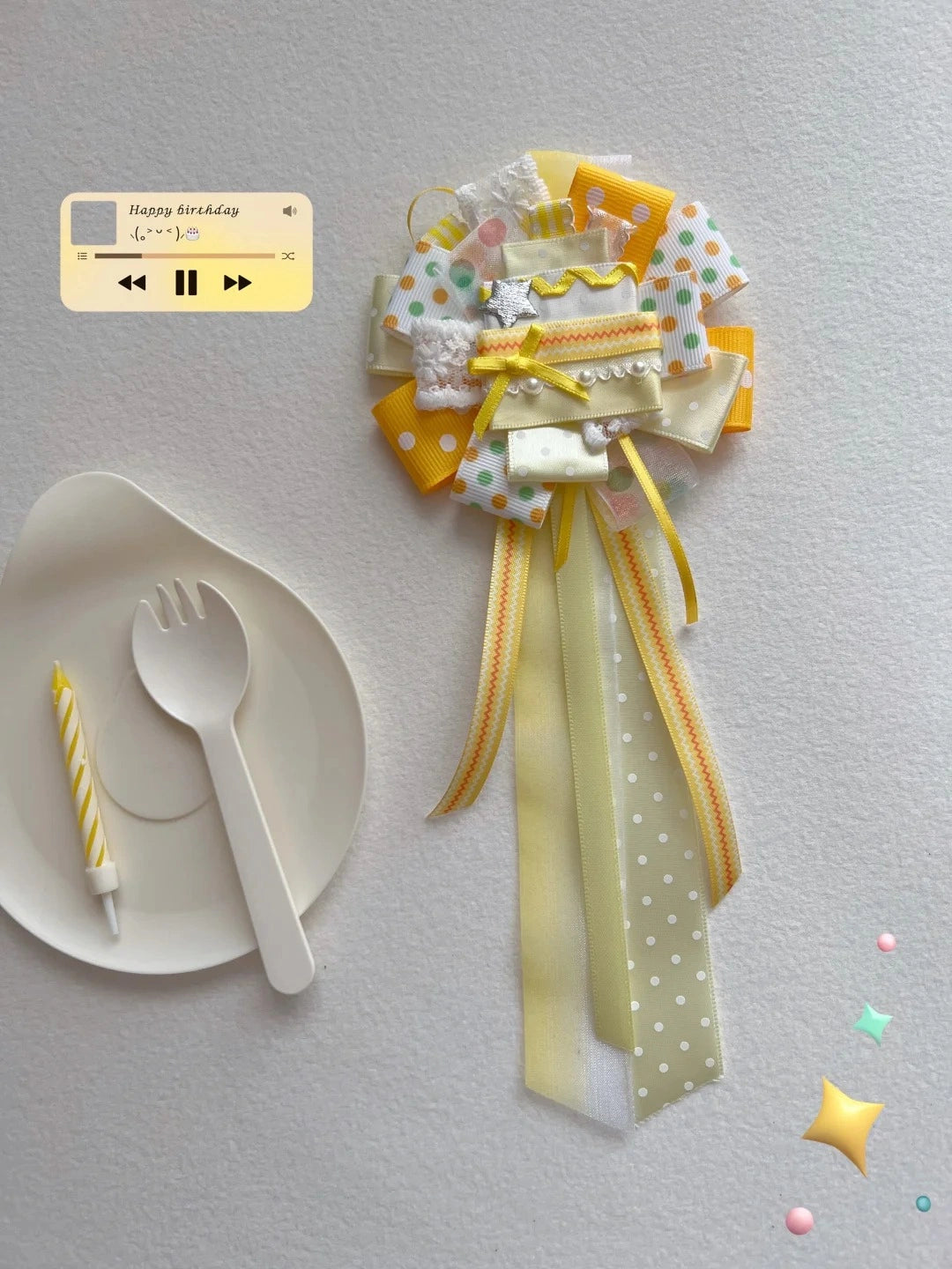 Yellow Birthday Cake Themed Handmade Ribbon Corsage Brooch