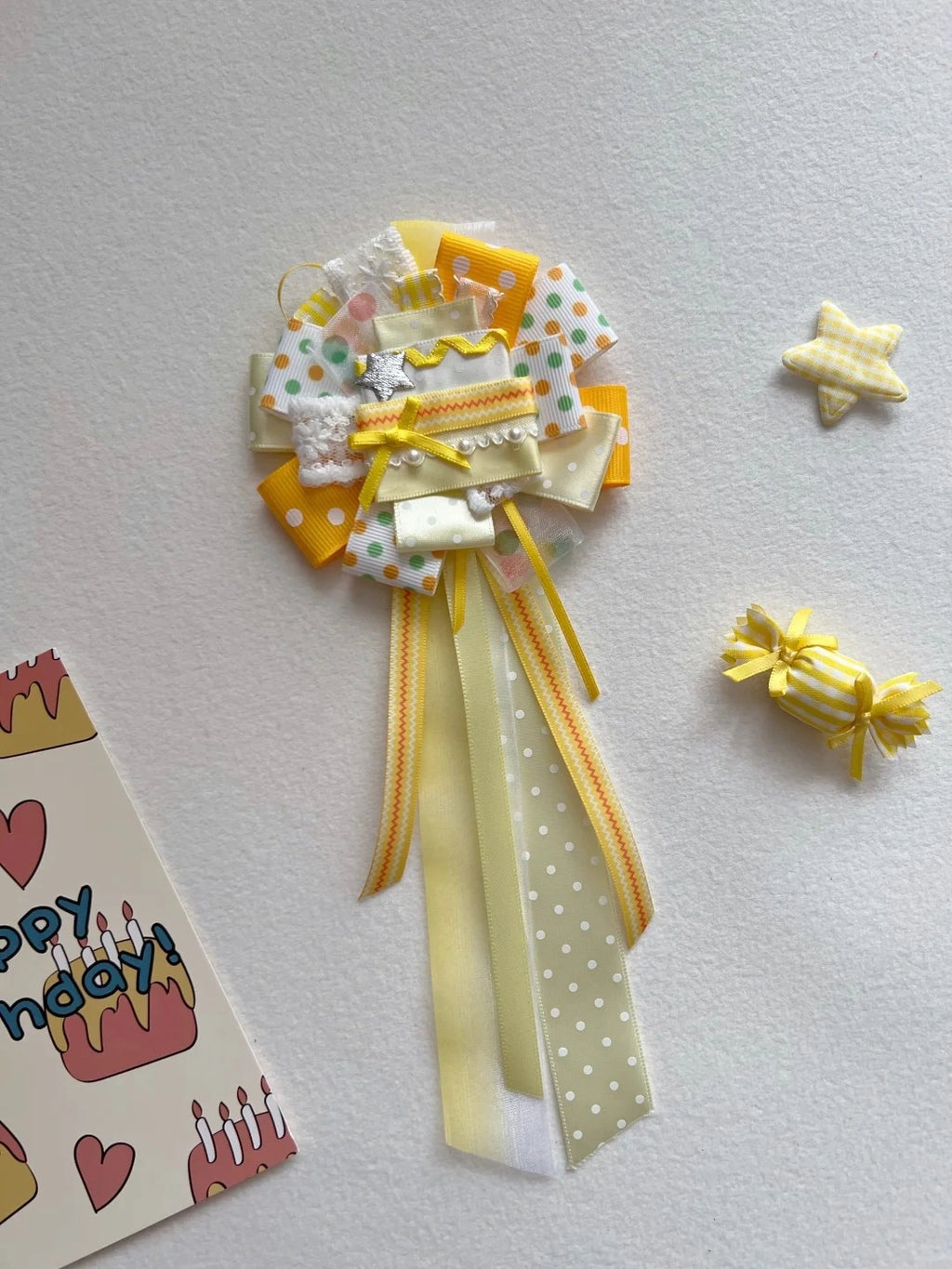 Yellow Birthday Cake Themed Handmade Ribbon Corsage Brooch