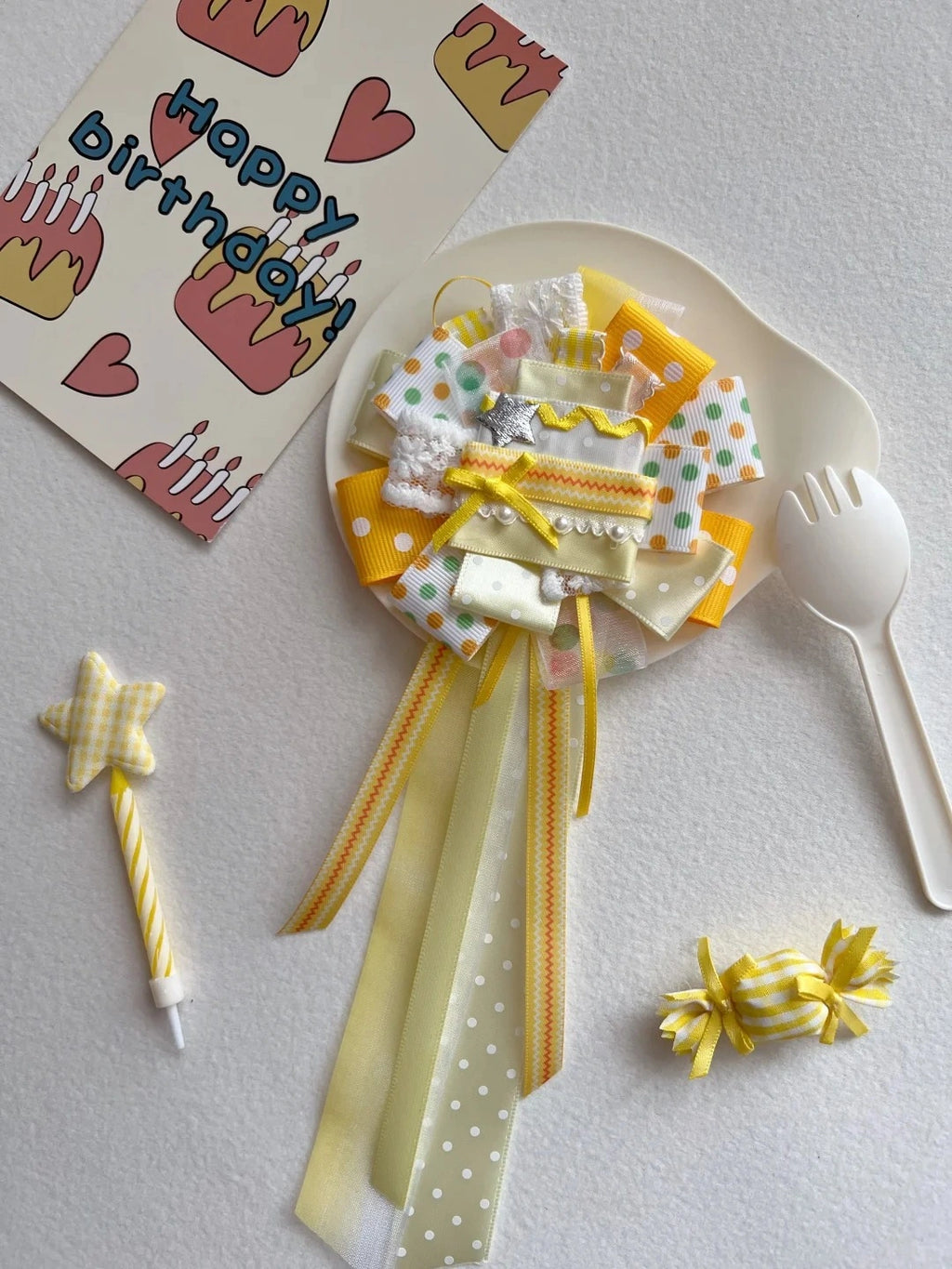 Yellow Birthday Cake Themed Handmade Ribbon Corsage Brooch