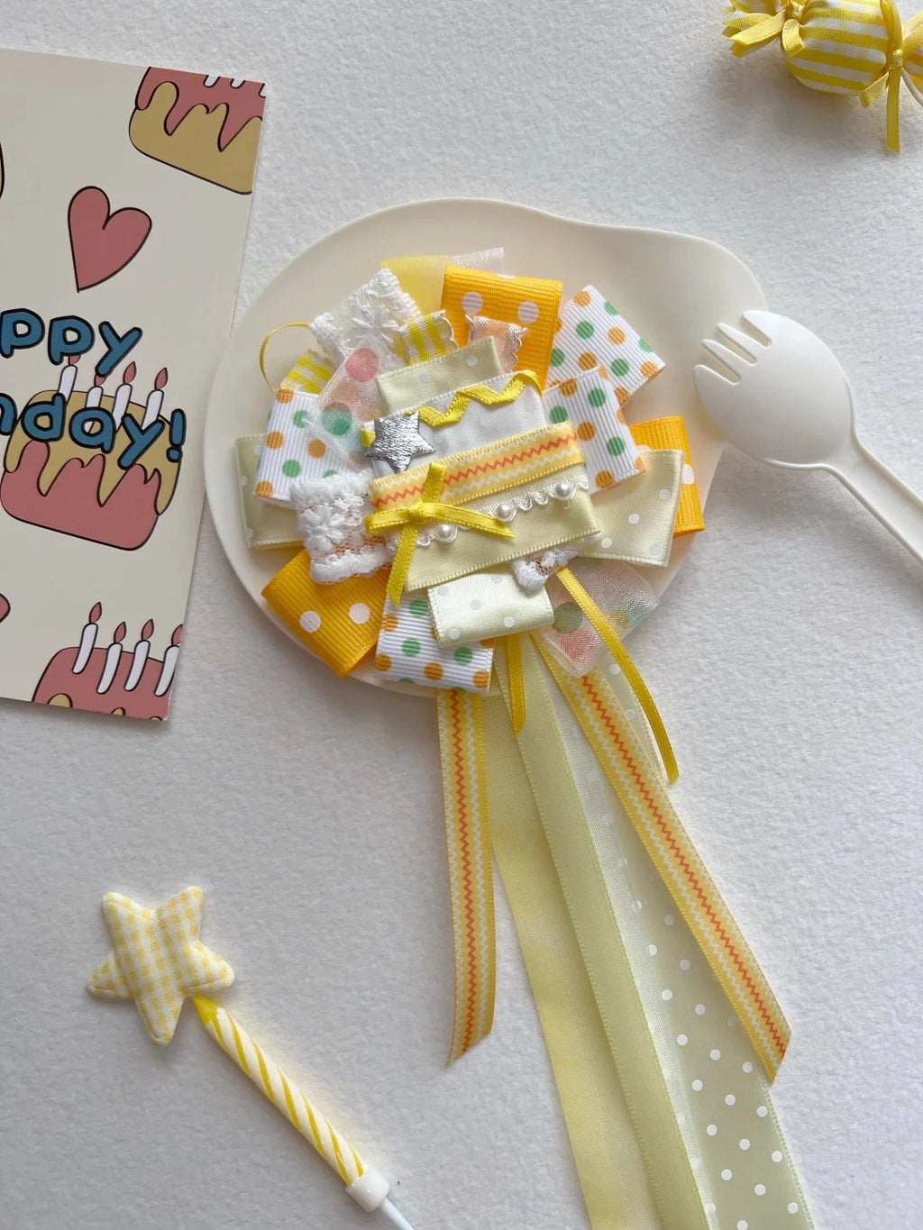 Yellow Birthday Cake Themed Handmade Ribbon Corsage Brooch