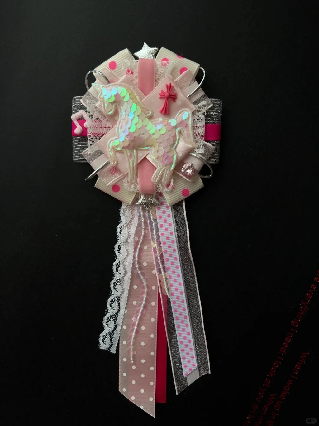 Pink Iridescent Sequin Unicorn Handmade Lace Ribbon Corsage Brooch