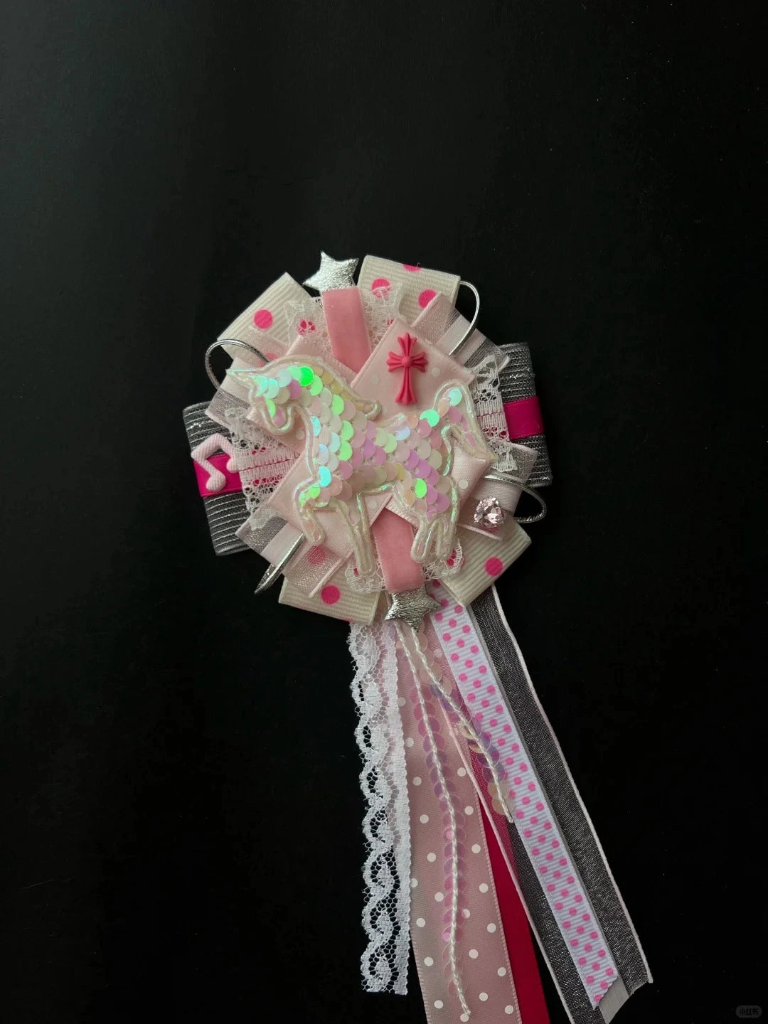 Pink Iridescent Sequin Unicorn Handmade Lace Ribbon Corsage Brooch