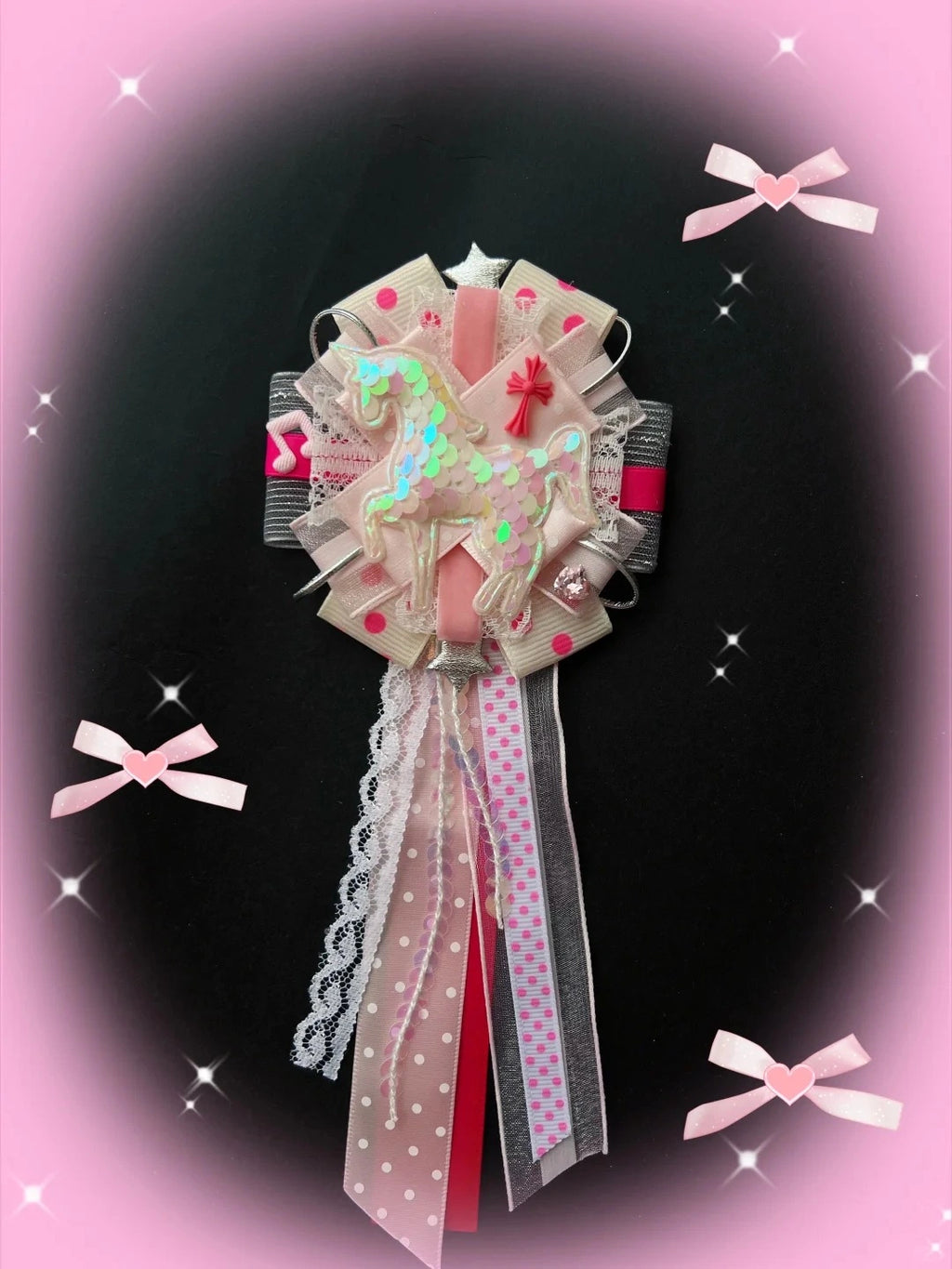 Pink Iridescent Sequin Unicorn Handmade Lace Ribbon Corsage Brooch