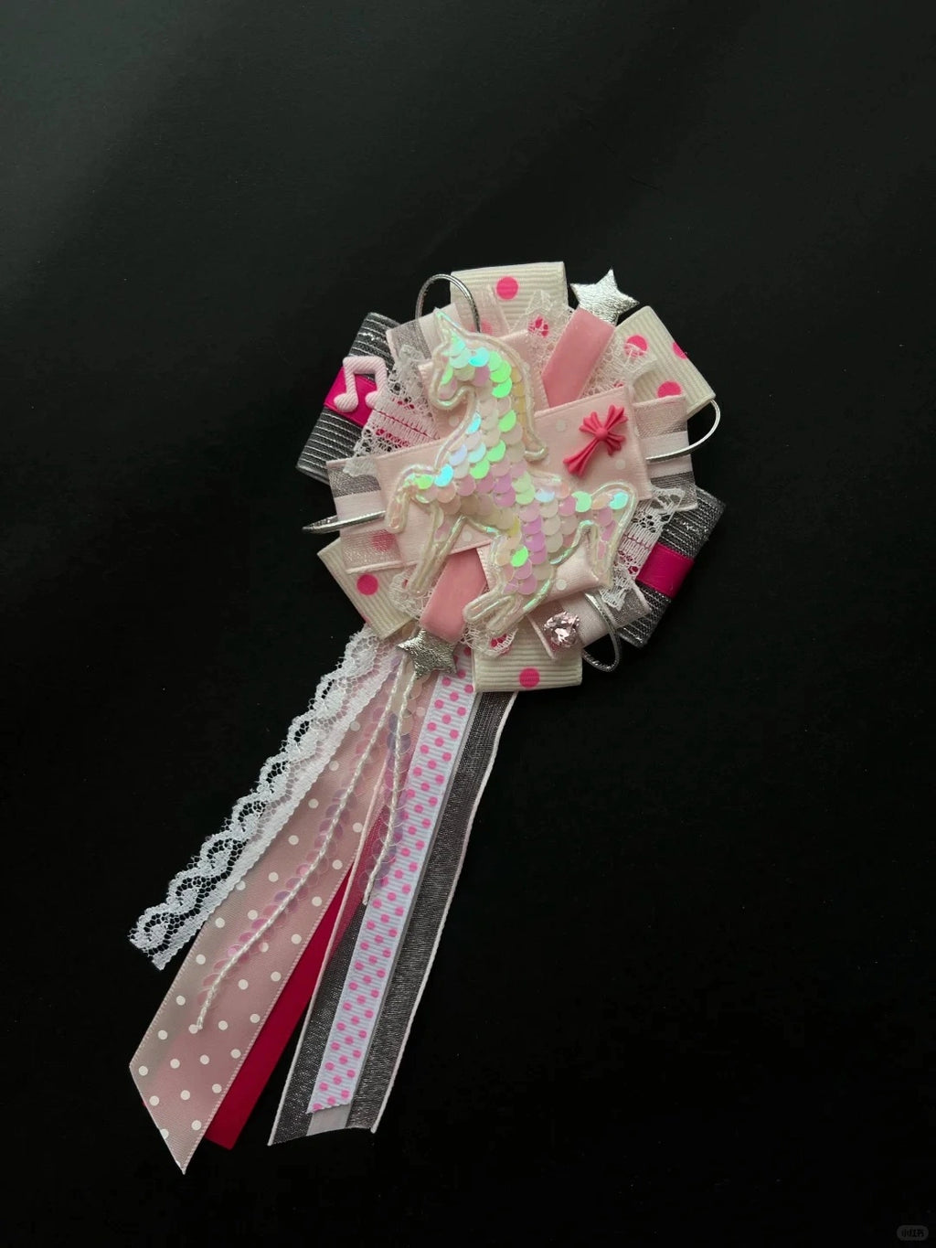 Pink Iridescent Sequin Unicorn Handmade Lace Ribbon Corsage Brooch