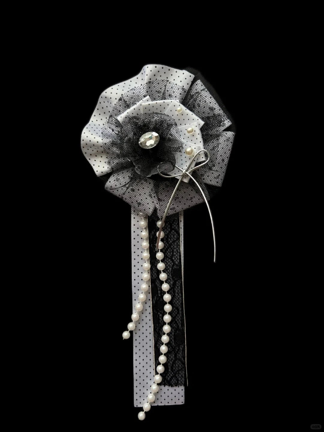 Black White Polka Dot Lace Pearl Handmade Gothic Corsage Brooch