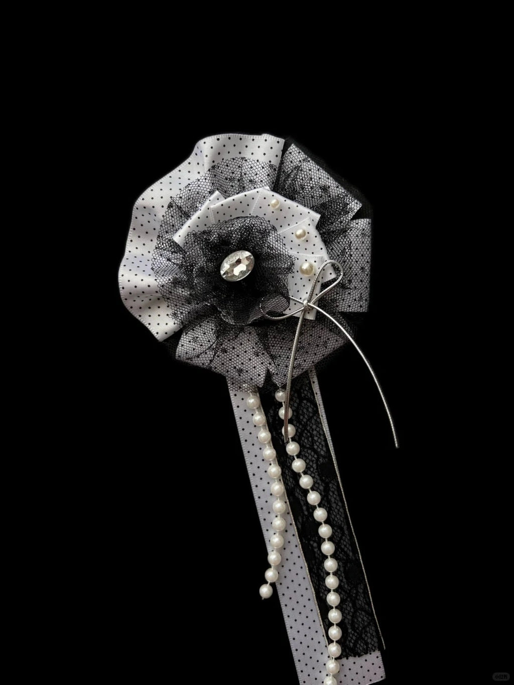 Black White Polka Dot Lace Pearl Handmade Gothic Corsage Brooch