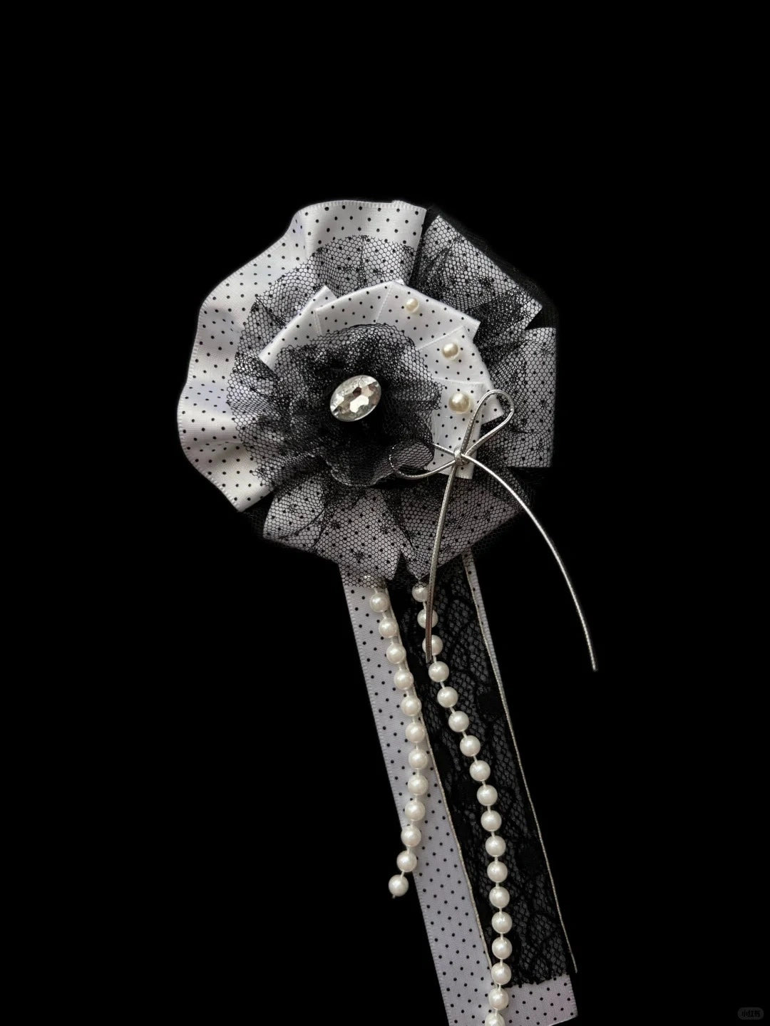 Black White Polka Dot Lace Pearl Handmade Gothic Corsage Brooch