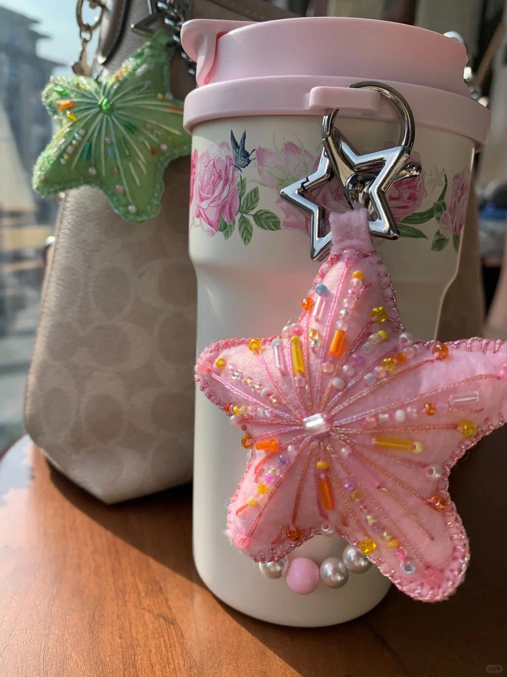 Christmas Tree Hanging Sweet Pink Beaded Five-pointed Star Bag Charm