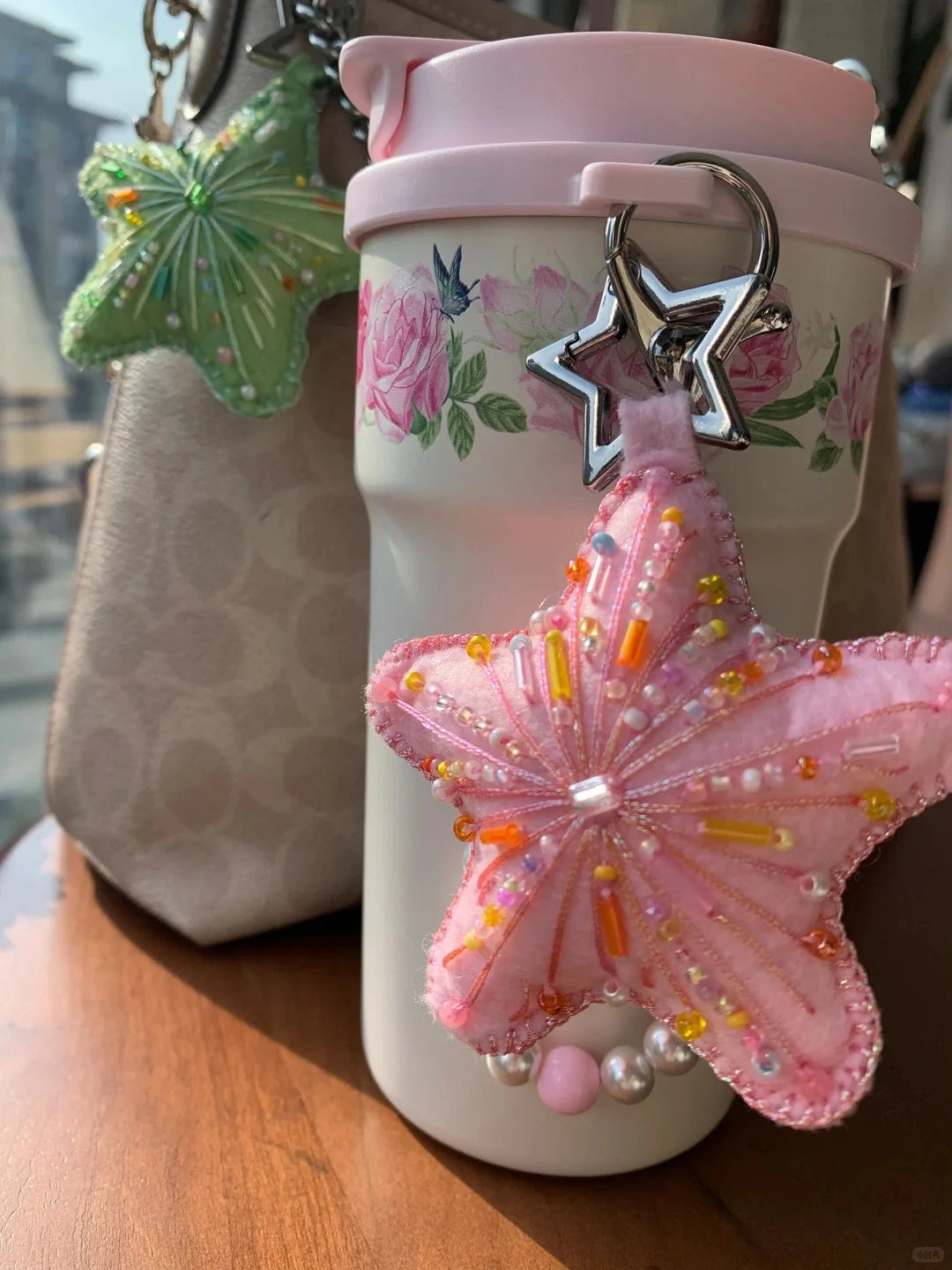 Christmas Tree Hanging Sweet Pink Beaded Five-pointed Star Bag Charm