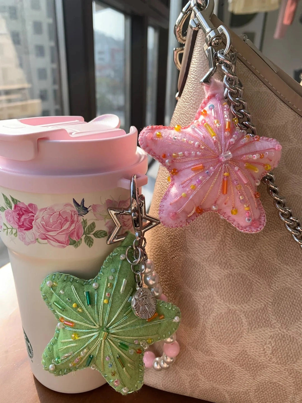 Christmas Tree Hanging Sweet Pink Beaded Five-pointed Star Bag Charm