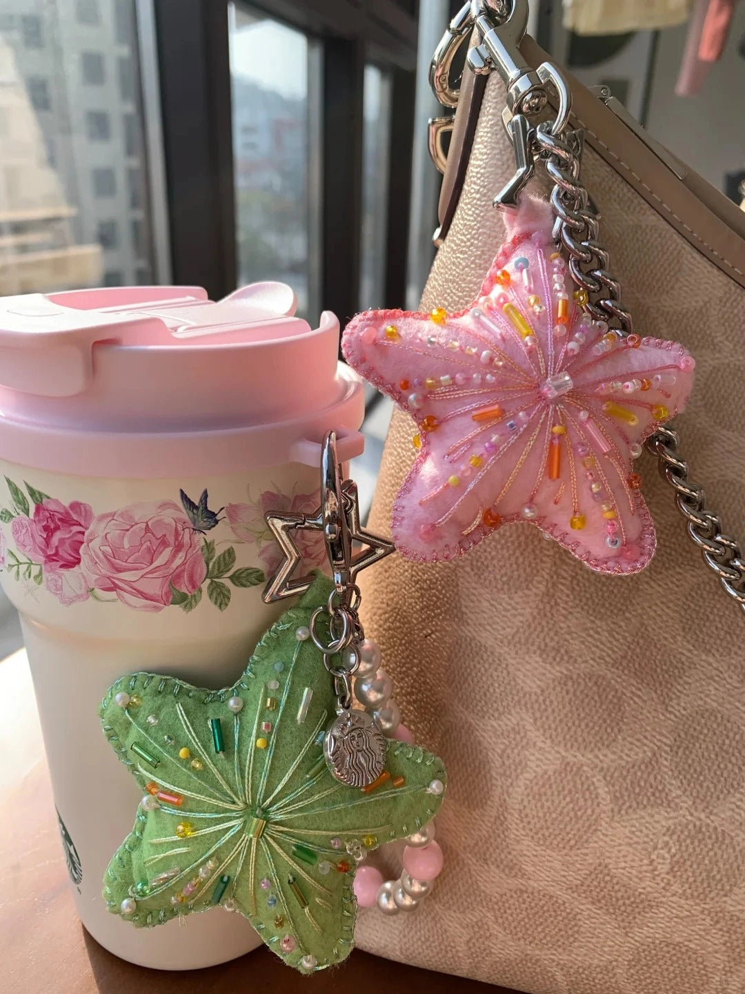 Christmas Tree Hanging Sweet Pink Beaded Five-pointed Star Bag Charm