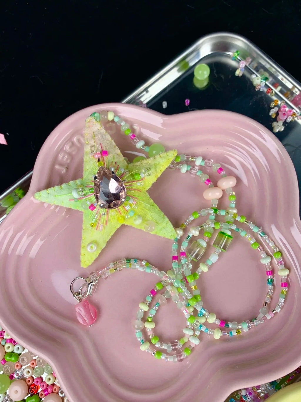Star Necklace Pink Teardrop Crystal Beaded Neck Jewelry