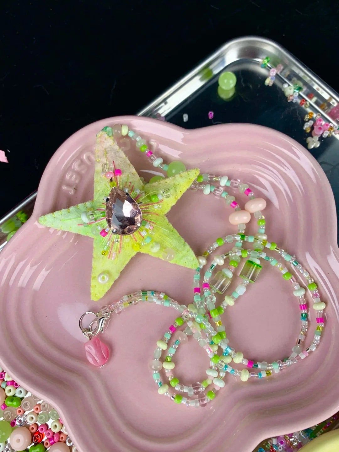 Star Necklace Pink Teardrop Crystal Beaded Neck Jewelry