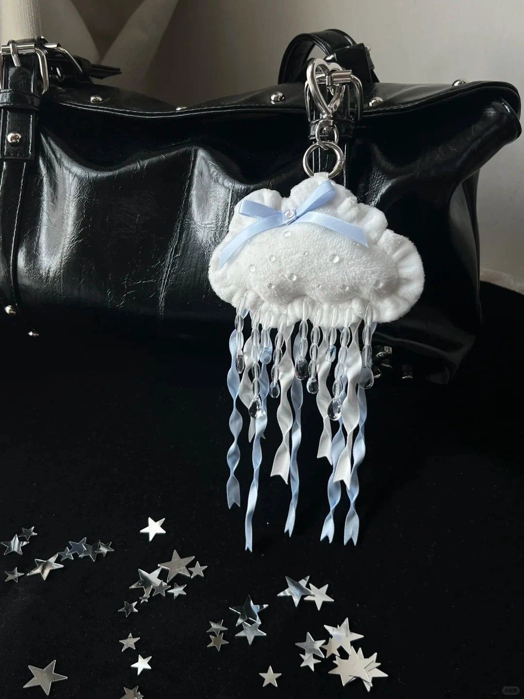 Plush Cloud Raindrop Ribbon Keychain with Heart Shaped Hook Cute Bag Pendant