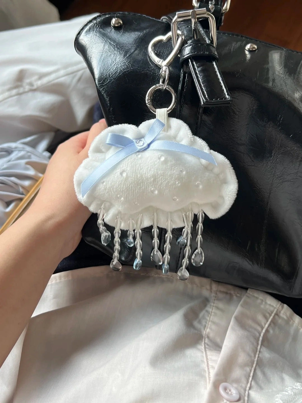 Plush Cloud Raindrop Ribbon Keychain with Heart Shaped Hook Cute Bag Pendant
