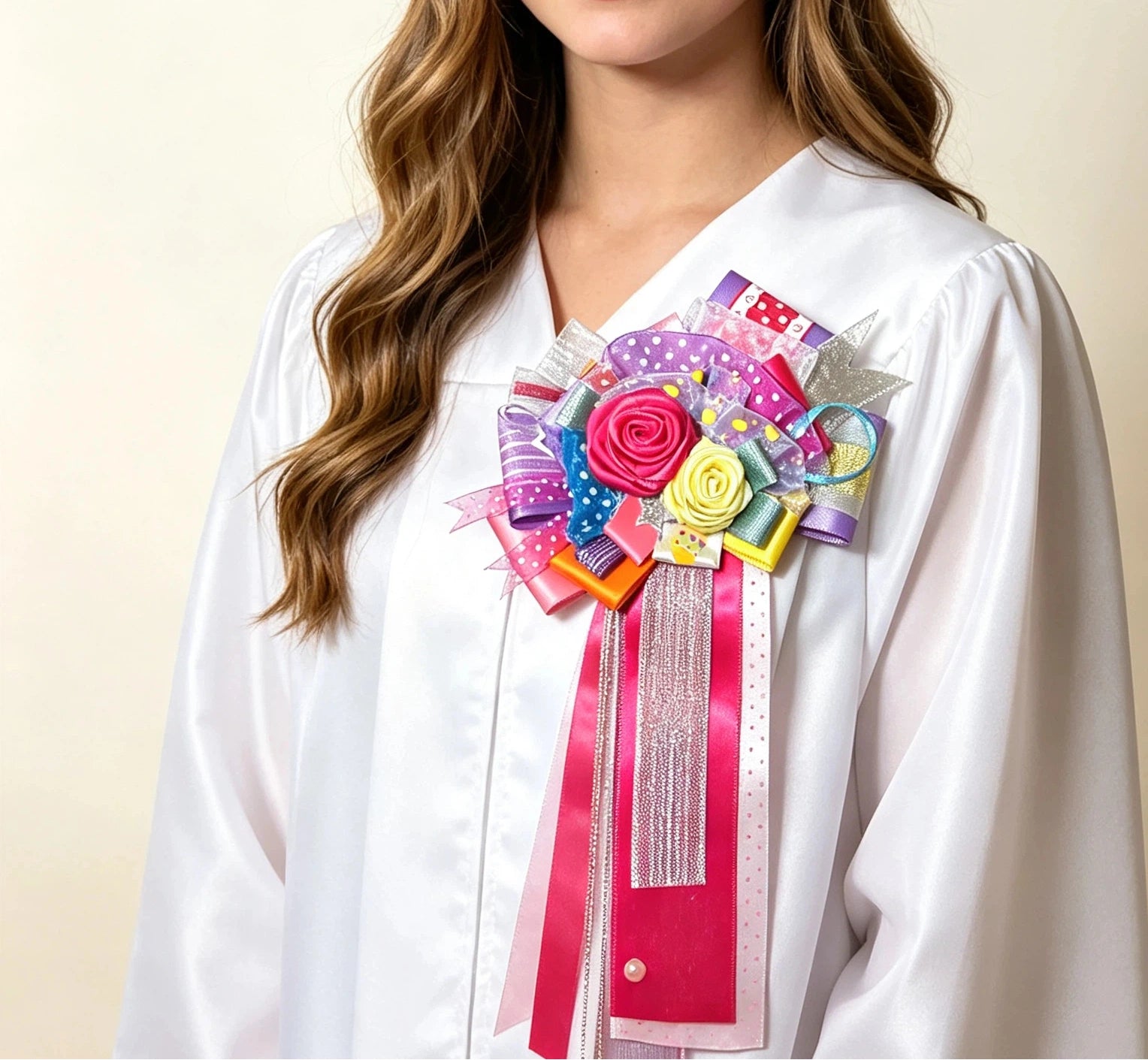 Colorful Satin Rose Graduation Corsage Pin Glitter Ribbon Lapel Brooch for Graduation Gown