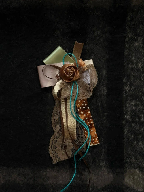 Bohemian Turquoise String Lace Coffee Rose Satin Ribbon Clothing Brooch