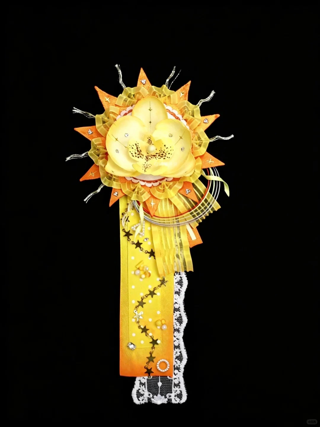 Sun Themed Yellow Orchid Flower Corsage Brooch Star Chain Lace Graduation Lapel Pin