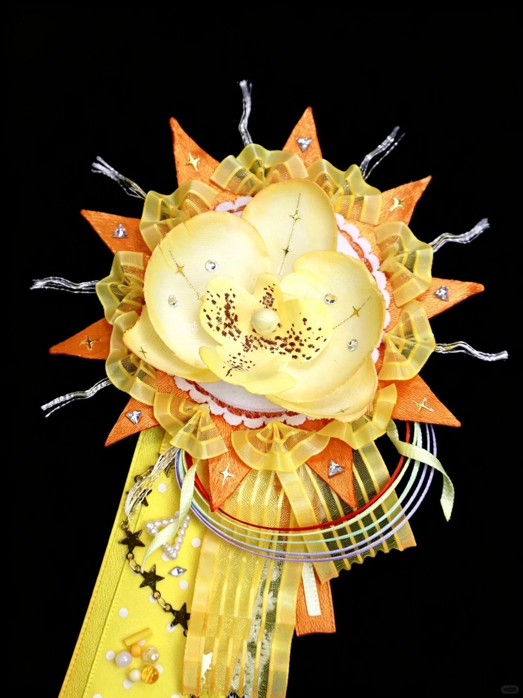 Sun Themed Yellow Orchid Flower Corsage Brooch Star Chain Lace Graduation Lapel Pin