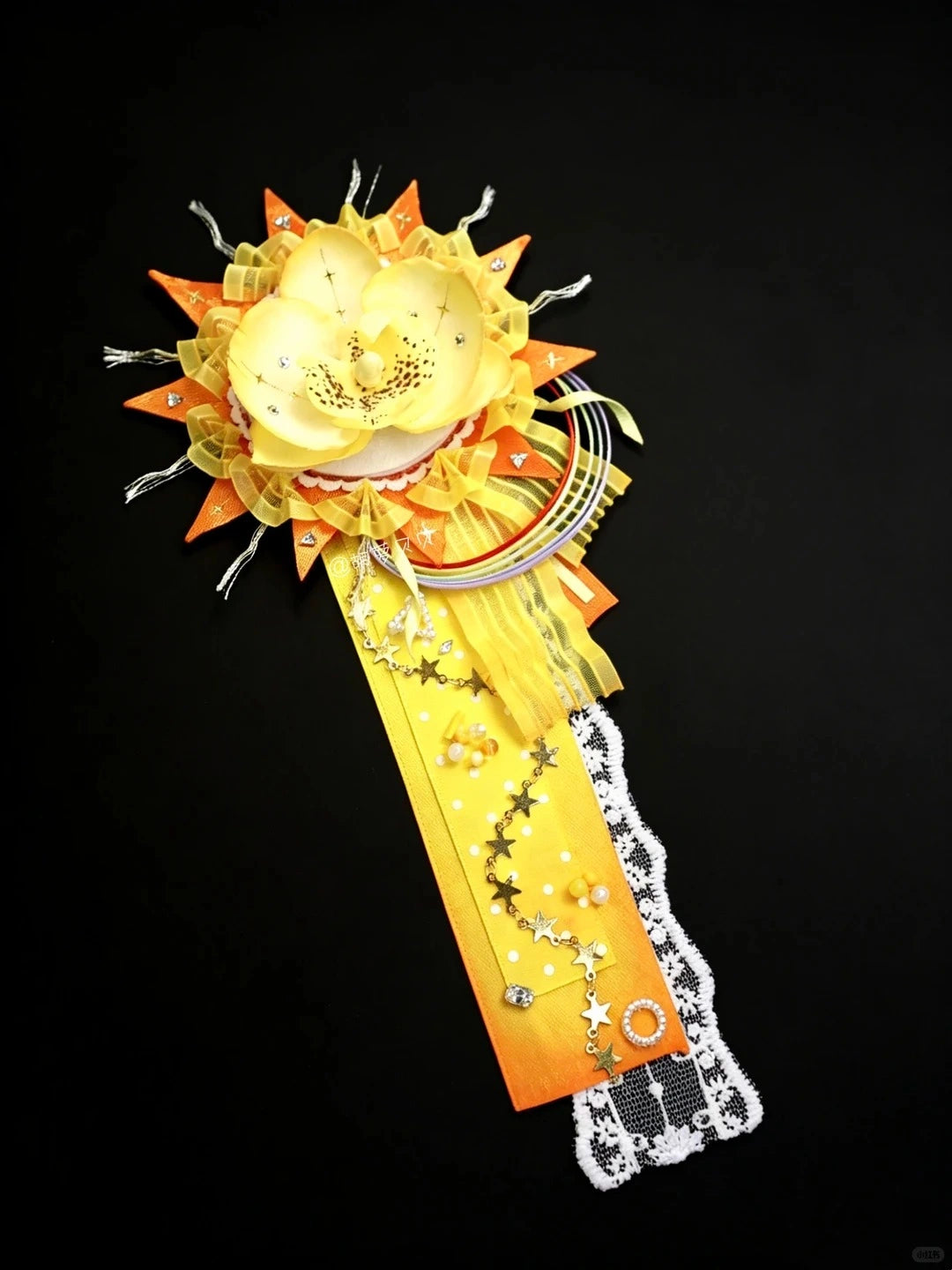 Sun Themed Yellow Orchid Flower Corsage Brooch Star Chain Lace Graduation Lapel Pin