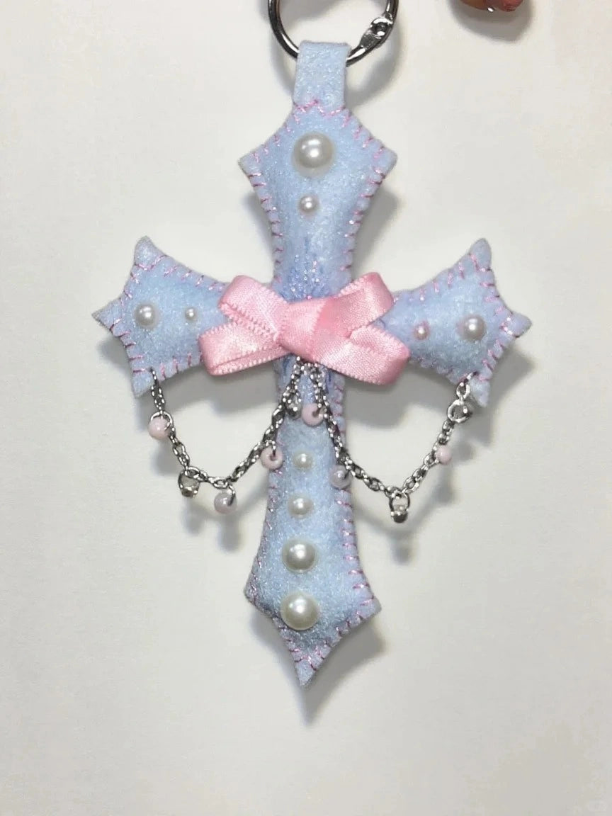 Y2K Style Pearl Felt Cross Handmade Bag Hanging Keychain