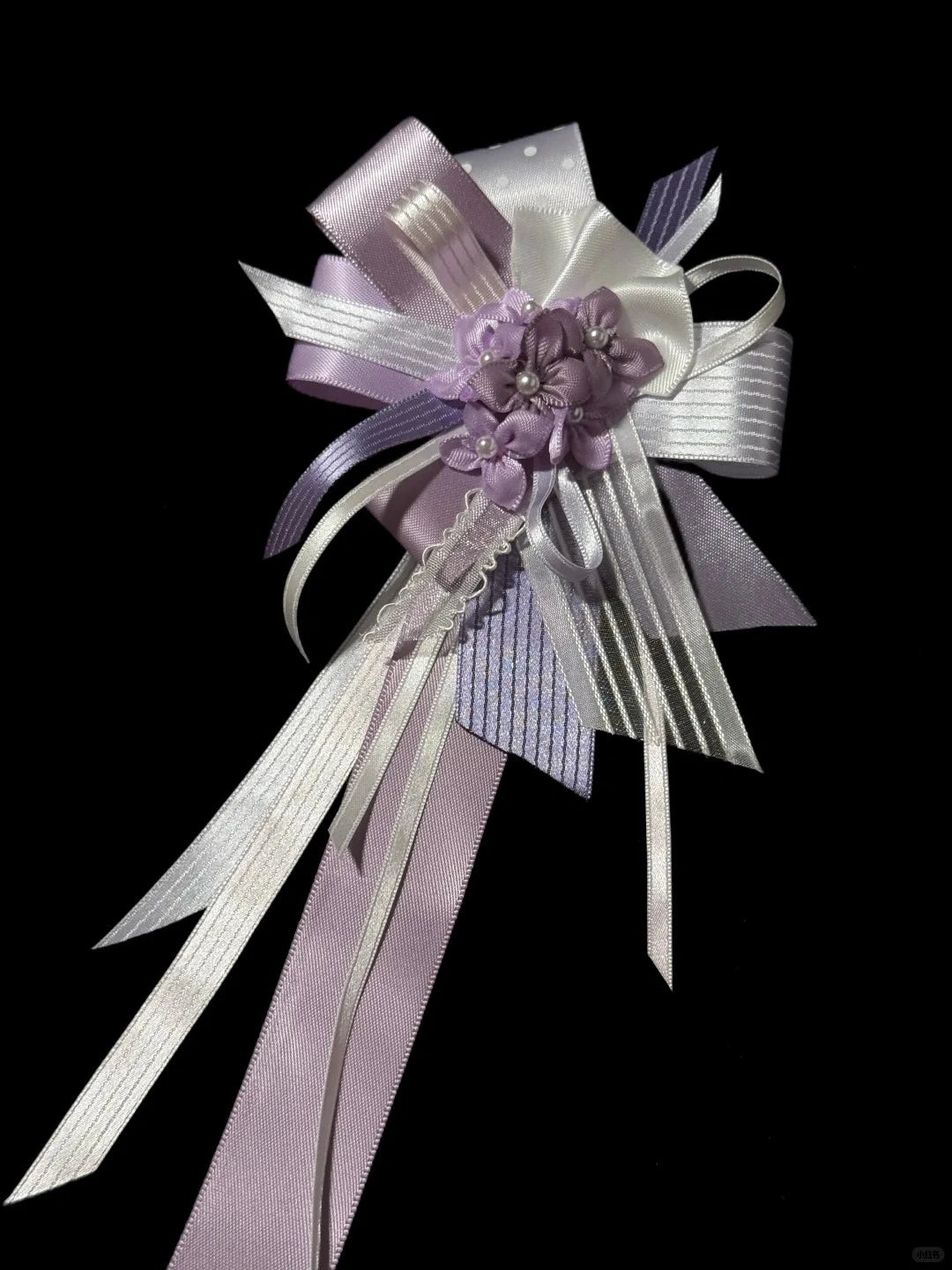 Purple White Satin Ribbon Floral Corsage Brooch Pearl Decorated Wedding Graduation Lapel Pin