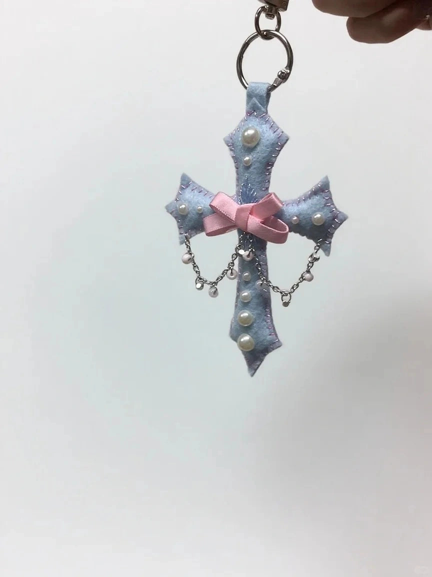 Y2K Style Pearl Felt Cross Handmade Bag Hanging Keychain
