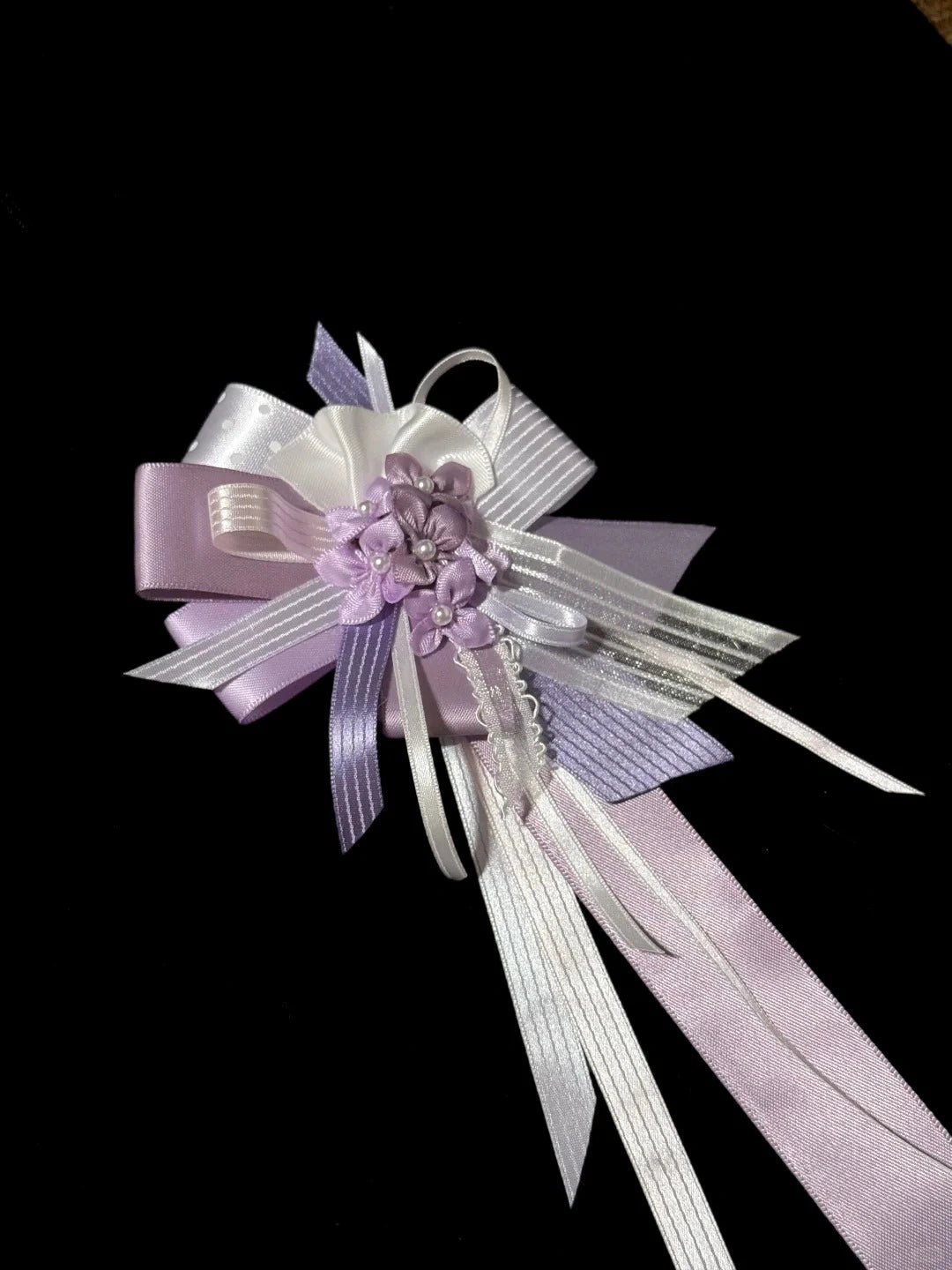 Purple White Satin Ribbon Floral Corsage Brooch Pearl Decorated Wedding Graduation Lapel Pin