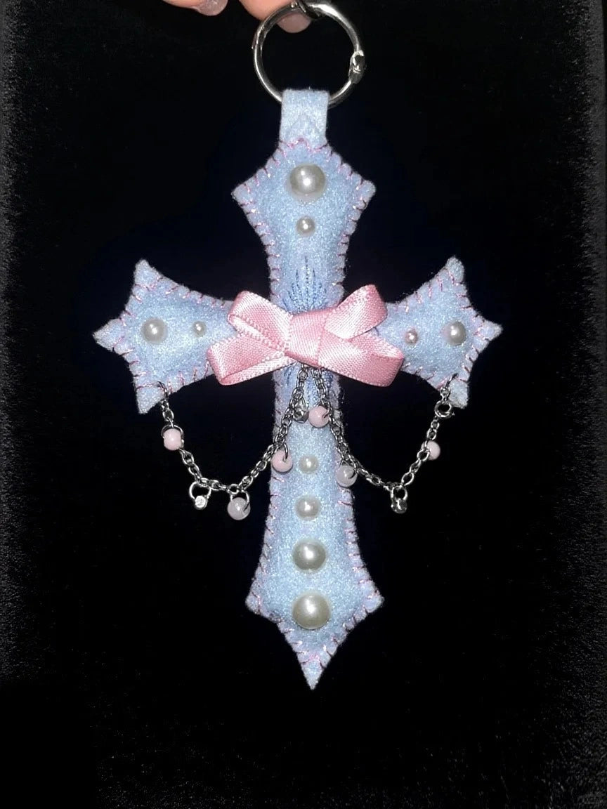Y2K Style Pearl Felt Cross Handmade Bag Hanging Keychain