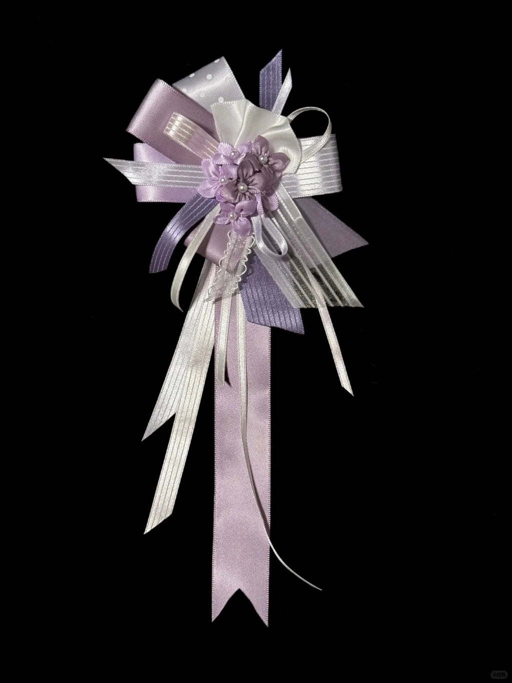 Purple White Satin Ribbon Floral Corsage Brooch Pearl Decorated Wedding Graduation Lapel Pin