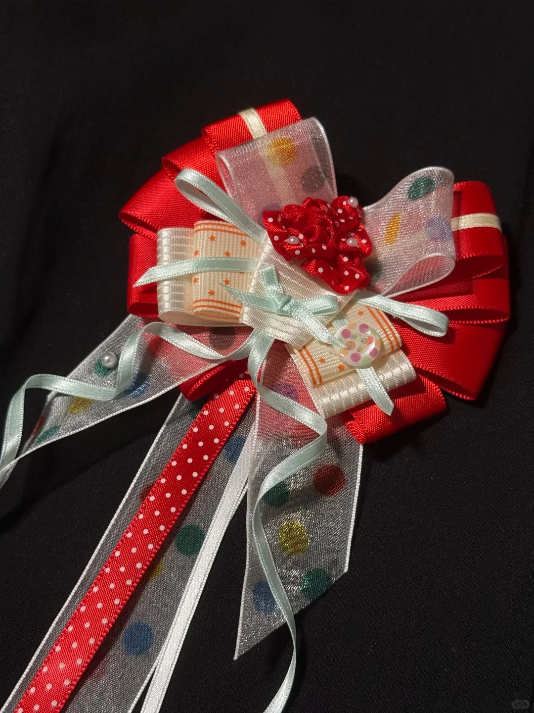 Christmas Red Polka Dot Bow Corsage Brooch Cute Holiday Decorative Lapel Pin