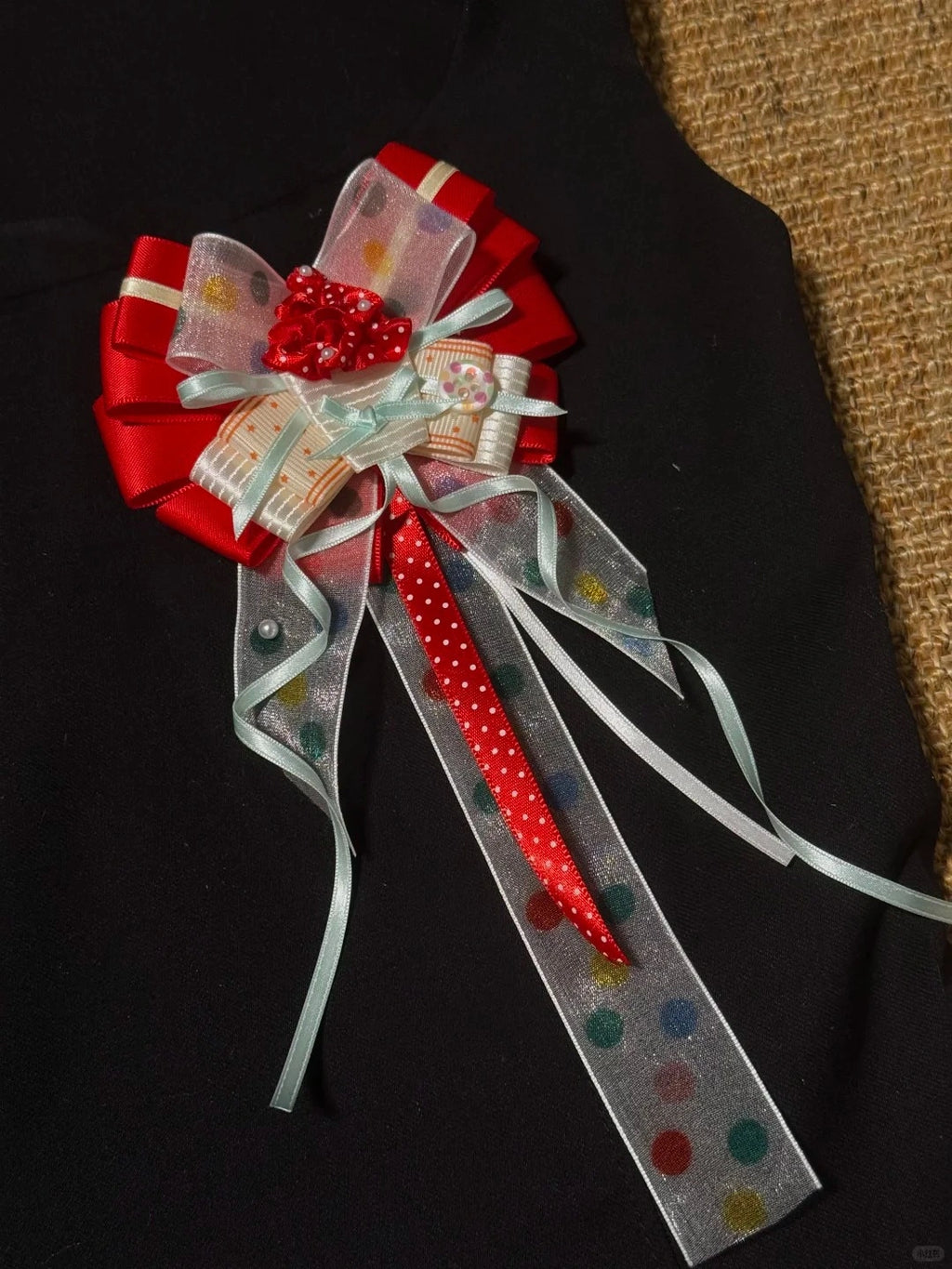 Christmas Red Polka Dot Bow Corsage Brooch Cute Holiday Decorative Lapel Pin